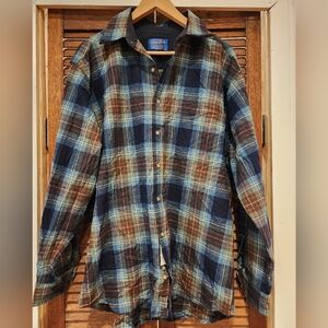 Pendleton 100 % pure virgin wool. Plaid Shirt in Blue, Brown, and Cream Size L